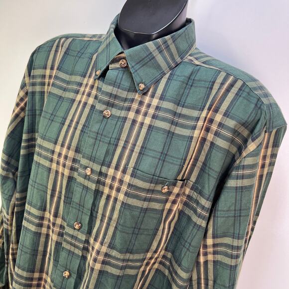 L.L. Bean Green Plaid Button Down Shirt Cotton Merino Wool Long Sleeves - Picture 2 of 7